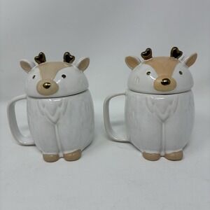 Set Of 2 West Elm Reindeer Mugs Yeti Friends Stoneware Lid Cozy Holiday Hot Coco